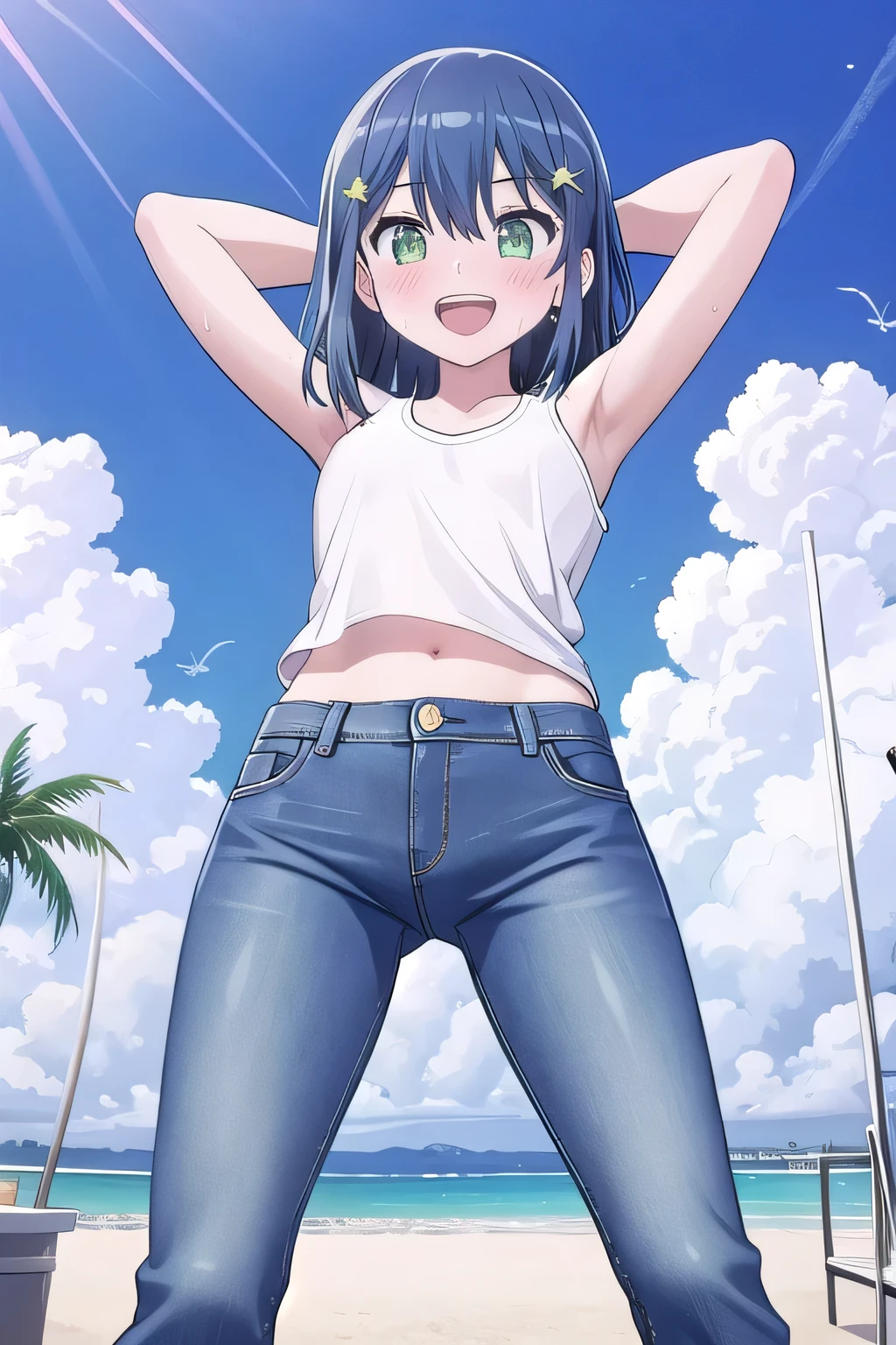 masterpiece, best quality, ultra detail, ((Perfect Face, perfect eyes, perfect hair, perfect arm)), 1girl, o, petite, ((round face, ecstasy, orgasm face, drooping eyes, shame smiling, blush)), dropping eyes, sleepy, Open mouth, ((White teeth)), background((under the beach, (day:1.2), ocean, bright sky)), kurokawa_akane, (green eyes:1.2), (blue hair:1.2), crossed bangs, hair between eyes, hair ornament, (short hair:1.4), (straight hair:1.7), ((arms behind head, hands behind head, fingers behind head)), ((contrapposto)), spread armpits, looking at viewer, (white tank top:1.2), (white crop top:1.2), (jeans pants:1.2, flares jeans:1.2, skinny jeans:1.2, blue jeans:1.2), standing, (legs spread:1.4), sex pose, Sweaty crotch, Steam from the crotch, from below, whole body