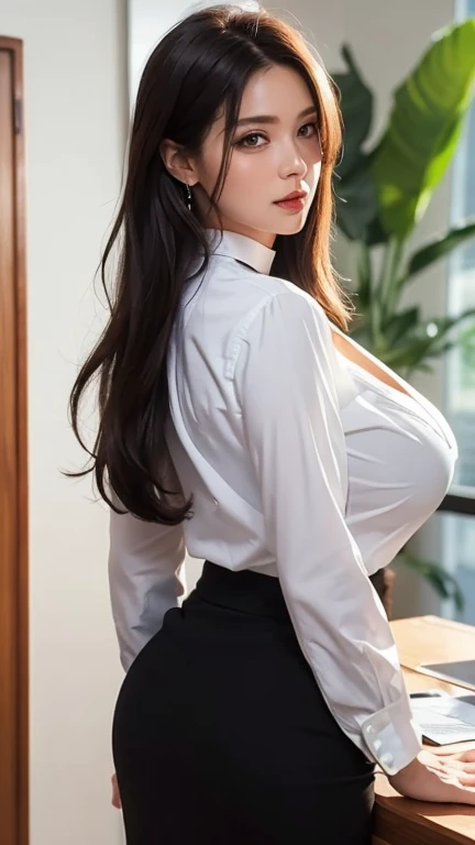 (upper body:1.2 1girl, masterpiece, best quality, ultra-detailed, illustration, finely detailed eyes and detailed face) Clothes: business grey suit pants, tight white blouse, wedding ring, Appearance: short black hair in a neat low bun, natural makeup, (purple eyes:1.05), white glasses, wide hips, massive breasts, alluring, motherly, at_the_CEO_office, looking at viewer, curvy, voluptuous, full body, CEO lady, (mature female, milf:1.1), solo, (curvy:1.1), big ass, thick thighs, milf, modern office background, buttoned up blouse, big