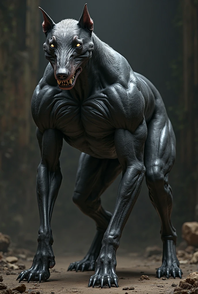 a strange creature, Its body was very large and muscular. Its body was covered with black fur and its eyes were red.