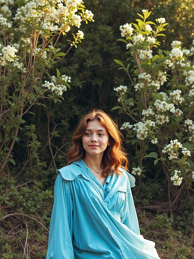 stream, water pail, magnificent young woman with blue eyes, this woman has short and curly hair, luscious lips and is in the woods, she is wearing a black boho hoody and shorts