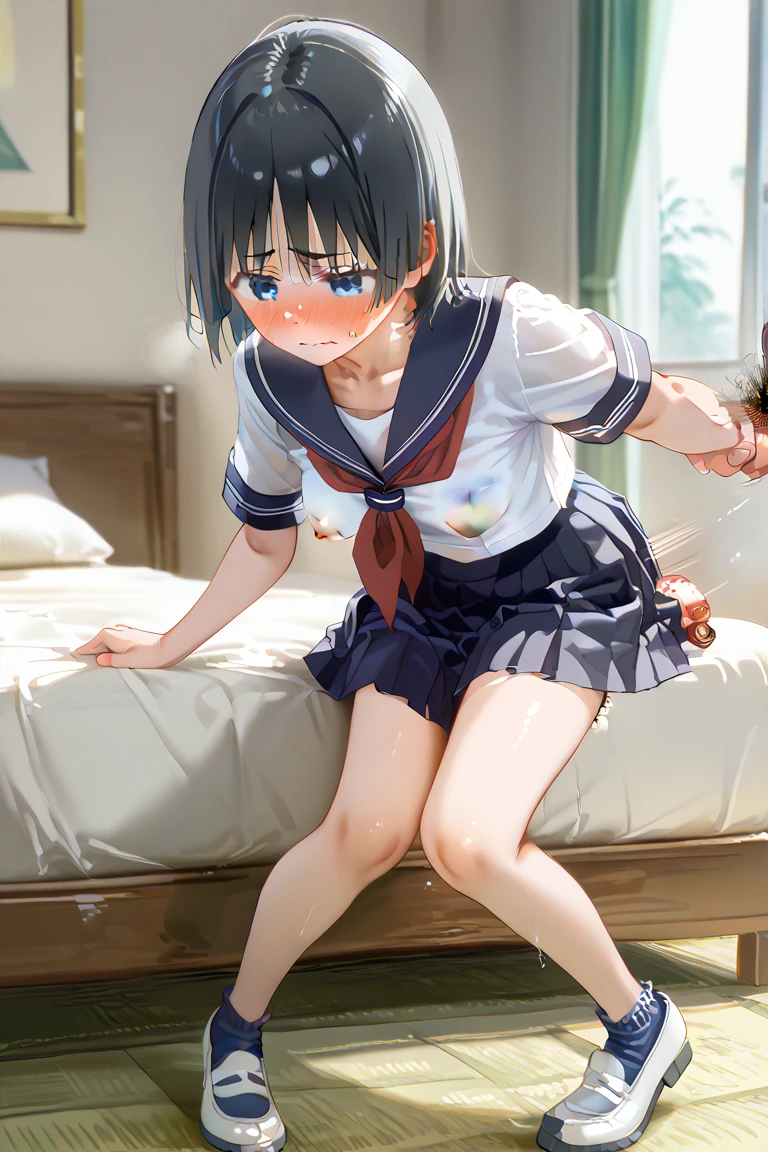 Kyoto Animation Style,In the style of Makoto Shinkai ,uiharukazari, Uiharu Kazari, (black eye:1.5), Black Hair, flower, hair flower, hair ornaments, flower ring on head, short hair,
break armband, School uniforms are not distributed., , Seraphim, skirt, Summer clothes, neckerchief, red neckerchief, Blue sailor collar, Blue Card, Short sleeve,white lace flower decorative panties,White socks,
break looking at viewer,
break indoors, classroom,
break (masterpiece:1.2), Highest quality, High resolution, unity 8k wallpaper, (shape:0.8), (Fine and beautiful eyes:1.6), Highly detailed face, Perfect lighting, Highly detailed CG, (Perfect hands, Perfect Anatomy),Anime CG,