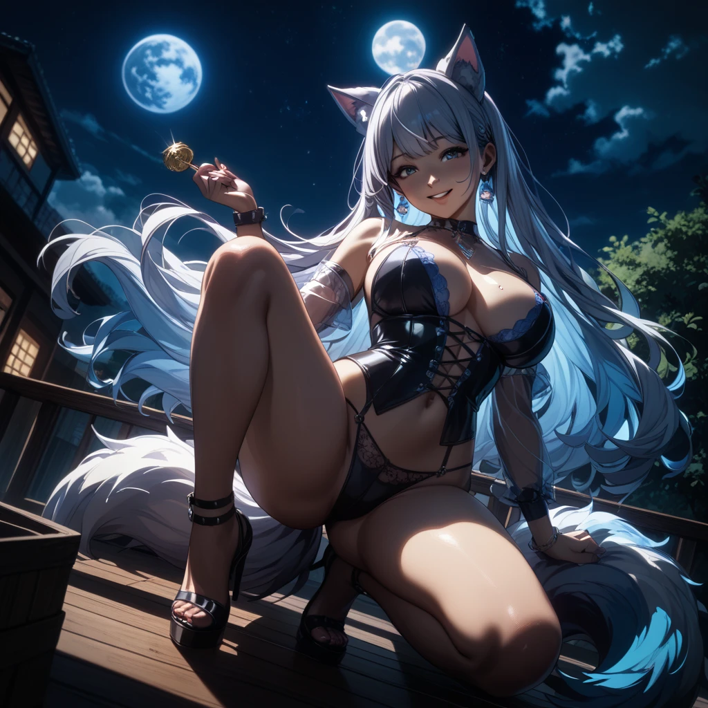 16K Ultra High Definition
Highest Quality
Glamorous cat girl
Super big ass and super big ass
Super Detail
Ultra-realistic body
Shiny skin
Glossy detailed hair texture
long beautiful long hair with gradient color from black to blue,,,,,,,,,,,
Cat girl closes her eyes and holds out her lips
Cute fangs and pink tongue peek out
plump pink nipple rings protruding slightly from her outfit
Collar with bell　Sly smile
Cat girl is happily licking something
Tail extending from her ass
A bewitching purple aura covering the surroundings。The background is a Japanese-style room at night where you can see the moon from the window