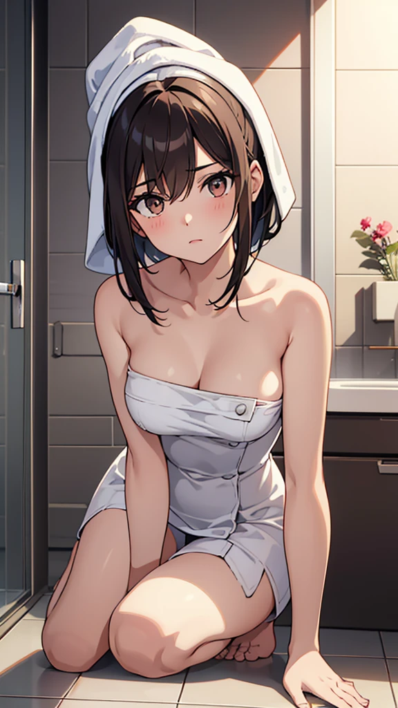 ((mejor calidad)), ((Obra maestra)), (detallado), cara perfecta, Joven de cabello negro largo y lacio, ojos rojos, pale skin, asian factions, 19 years, esbelta, busto mediano, bonitas curvas, estilo anime, elegante, only character in the image, red eyes, waiting for you, cute face, sexy, in love with the viewer, black hair, drunked, orgasm face, horny, wet, towel, bedroom
