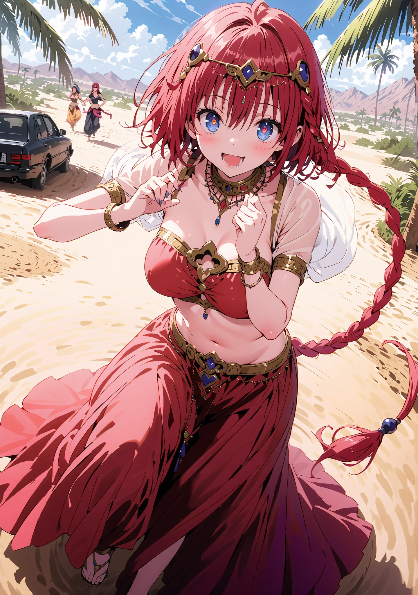 score_9, score_8_up, score_7_up, source_anime, Kurosaki's thing , stupid hair, blue eyes, Single long braid, Hair Intake, hair ornament,red hair,smile,cover,opens her mouth,Medium breast, Harem outfit, White Veil, Arabian clothing, collar , Mousebale, circlet , harem pants,gold trim, dancer ,Palm Tree,Dancing,standing,full bodyがillustrationsに入るように,break outdoors, desert,オアシス
break looking at viewer,full body,
break (masterpiece:1.2), Best Quality, high resolution, Unity 8k 壁紙, (illustrations:0.8), (beautiful detailed eyes:1.6), very detailed face, so that it fits into the illustration, Extremely Detailed CG, (perfect hand, perfect anatomy),