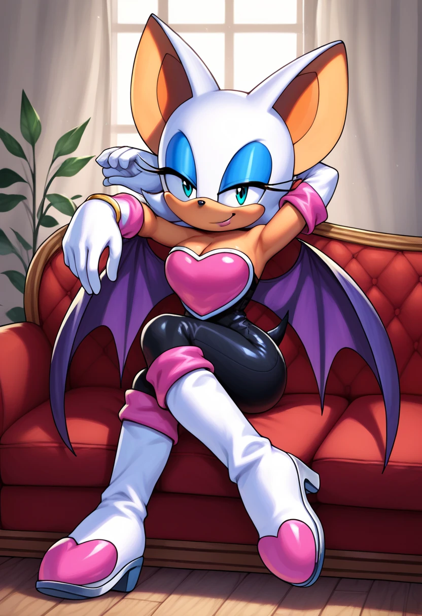 score_9, score_8_up, score_7_up, score_6_up, score_5_up, score_4_up, rouge the bat, (front view), (bird's eye view), (2D anime style), (short body), anthro furry, orange fur, cyan eyes, bat ears, small tail, orange tail, black bodysuit, cleavage, cameltoe, white sleeve gloves, white sleeve boots, sexy curves, big head, (solo), (sitting on a couch), (seductive pose), smile, (looking at viewer), (seductive look), (one hand behind head), (living room background)