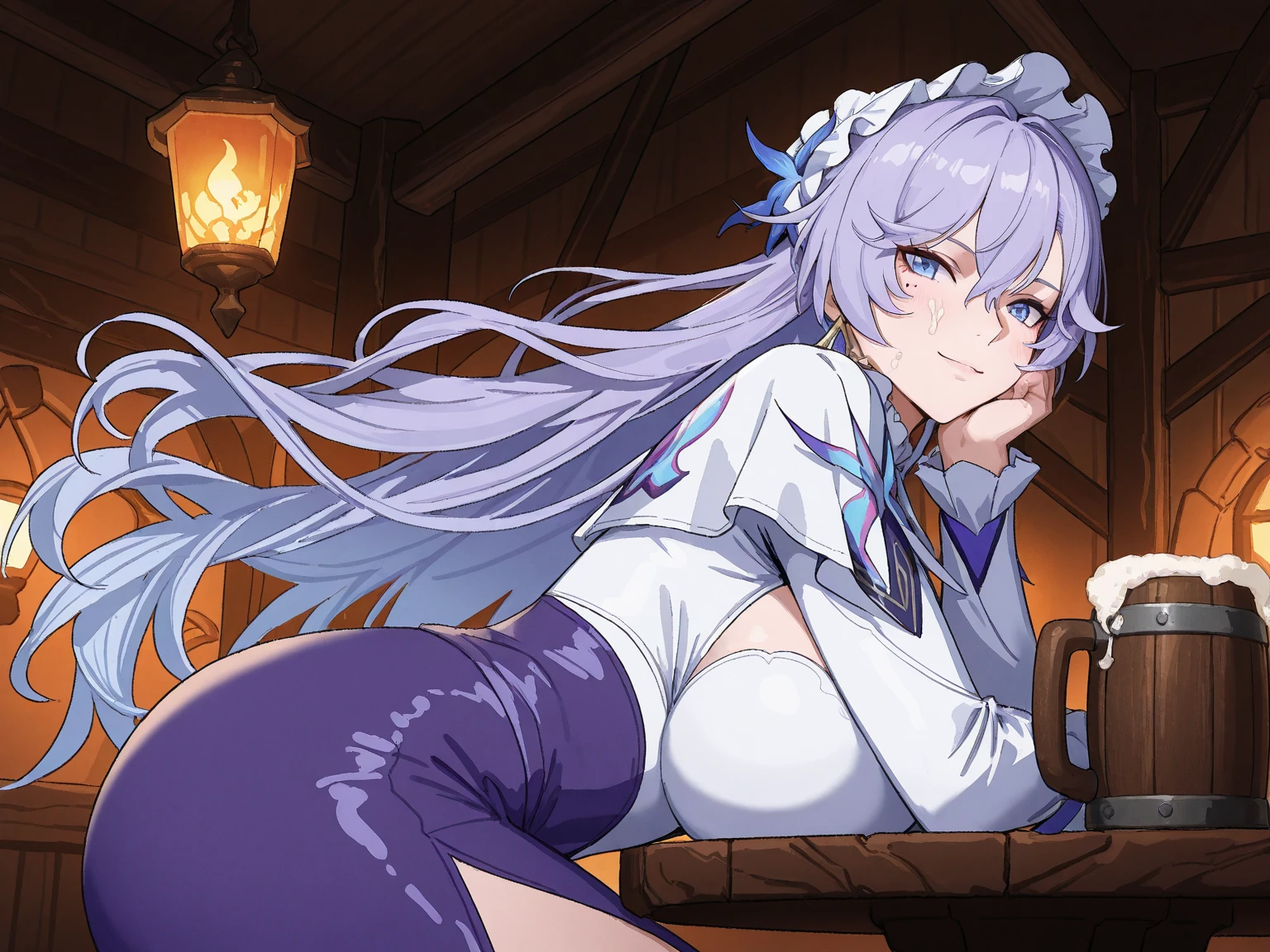 (Best Quality, Masterpiece),sexy, erotic, 1girl, 18 years old, Contempt, pride, long hair, ((green eyes)), looking at viewer, looking at viewer, warm light, (small breasts), big butt, ((smirk)), (((bunny suit))), (thick thighs), ((grabbing own ass)), smile, ((ass)), back, elf ears, ponytails, bunny ears, ((medieval bar)), tights