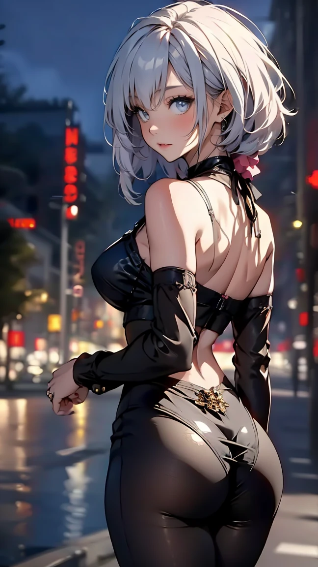 masterpiece, best quality, shadows, perfect hands, perfect legs, perfect anatomy, pretty face, mature features, 1 girl, 21 years old, mature woman, cat girl, sexy black dress, city night background, white long hair, thighs, ass, breast, seductive, spicy, posing, cinematography lights,