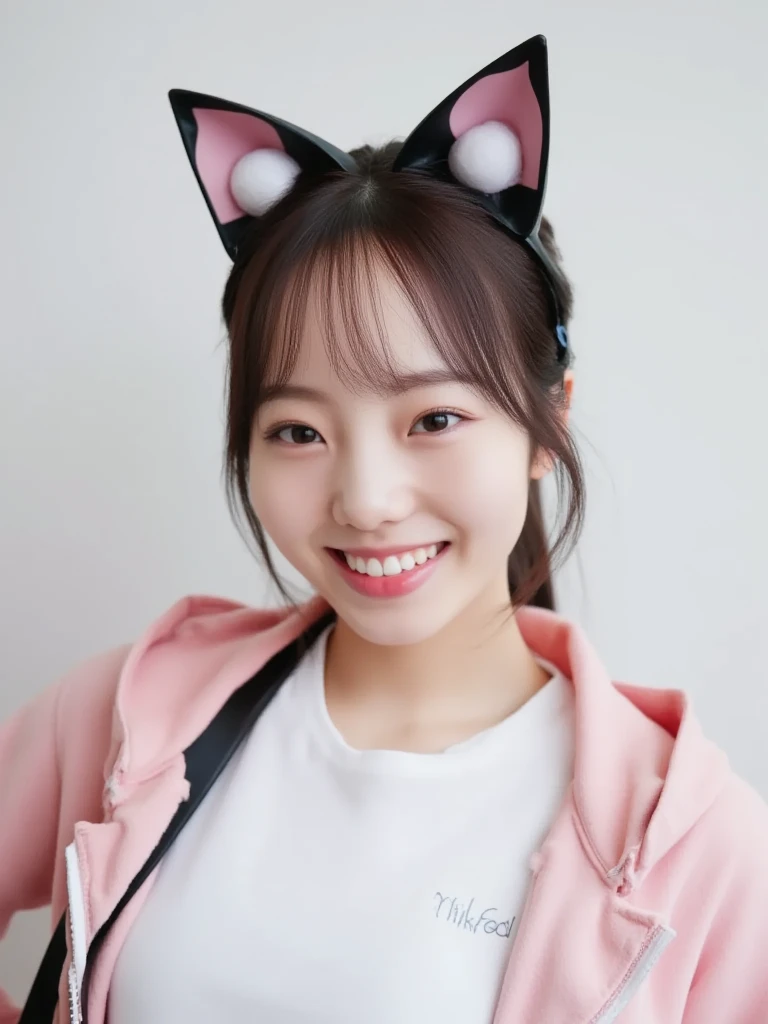 downbrouse、(Black theme park headband with big round ears、Tight T-shirt:1.2)、(realisitic、Photorealsitic、ultra-detailliert、Highest Details Skins、top-quality、​masterpiece、超A high resolution)、Realistic skin type、Japanese style face、a baby face、japanes、18year old、no-makeup、Very pretty girl、Cute smile、Inside the theme park、abdominals、A slender、blurry backround、Pro lighting、short-cut、shot from a side angle