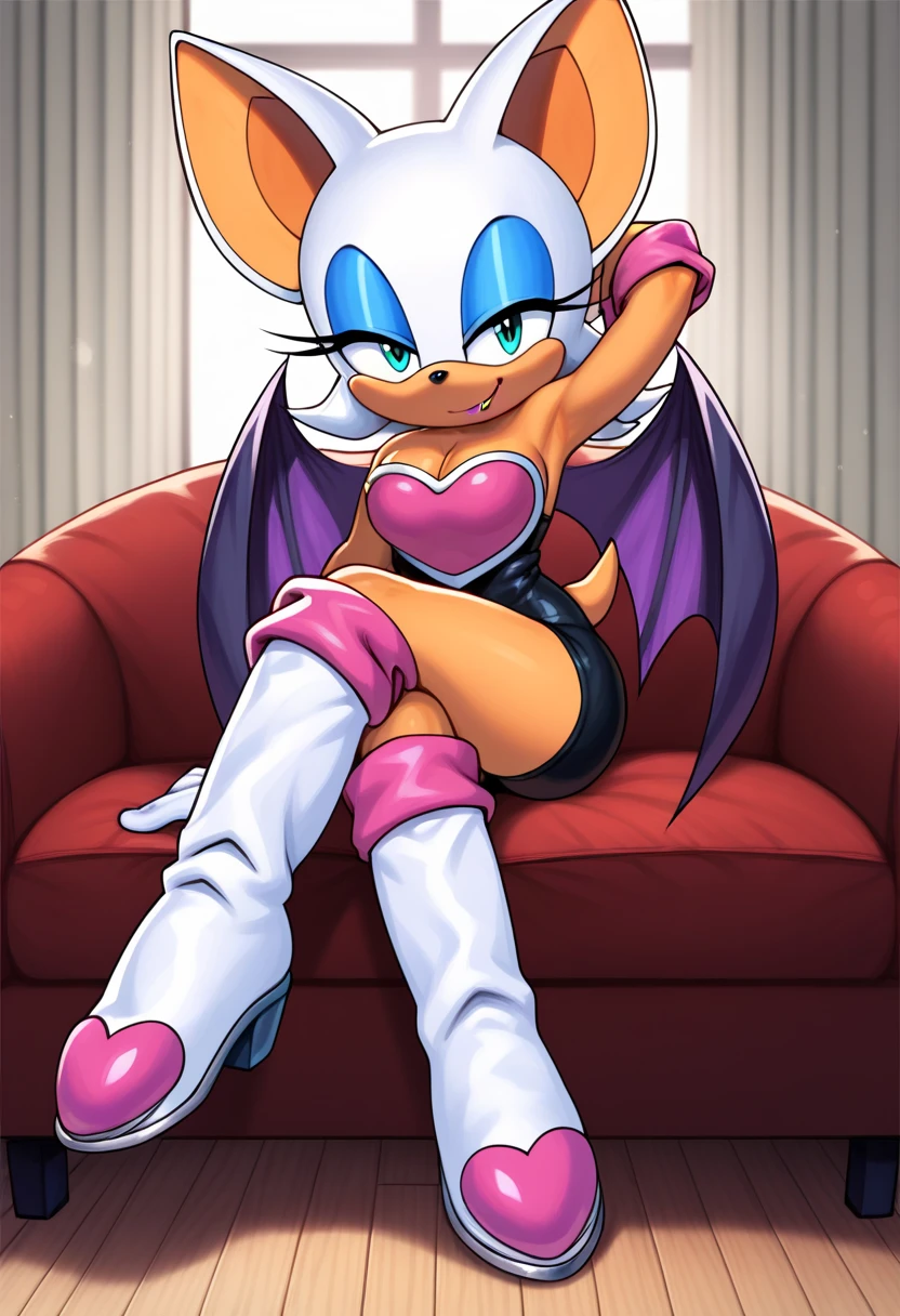 score_9, score_8_up, score_7_up, score_6_up, score_5_up, score_4_up, rouge the bat, anthro furry, (front view), (bird's eye view), (small body), orange fur, orange tail, cyan eyes, bat ears, cleavage, (black body suit torn by the crotch), (exposed vagina), white boots, white sleeve gloves, sexy curves, big head, (solo), (laying on bed), spread legs, seductive pose, looking at viewer, seductive stare, grin, cum in pussy