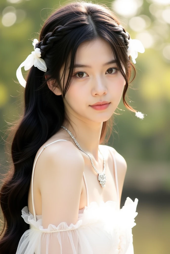 highest quality, High resolution, realistic pictures, detailed skin texture, ((Cute 12 year old Japanese girl wearing a white camisole)), view audience, slim body shape, charming gaze, Fair skin, baby face, (flat chest:1.2), long straight hair, flower hair ornament, (loli:1.2)