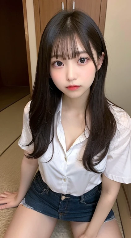 best quality, (photorealistic:1.2), 1girl, solo, detailed face, face focus, standing, black hair,(hair ornament:1.35),school uniform, ribbon-trimmed sleeves, detached sleeves, ribbon trim, wide sleeves, (looking at viewer:1.5) long hair, black eyes, bangs, lips, <lora:xllan:0.7>