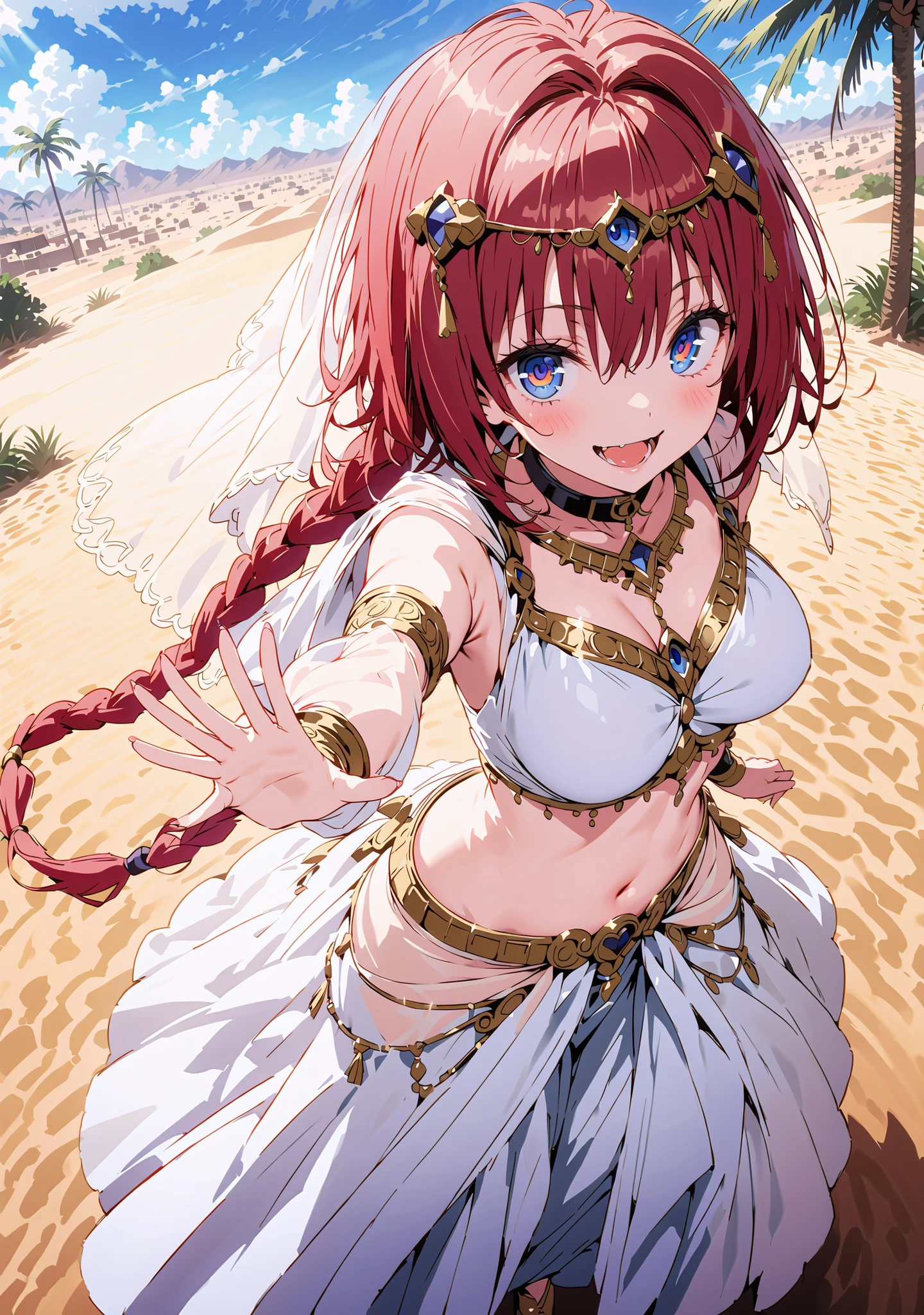 score_9, score_8_up, score_7_up, source_anime, Kurosaki's thing , stupid hair, blue eyes, Single long braid, Hair Intake, hair ornament,red hair,smile,cover,opens her mouth,Medium breast, Harem outfit, White Veil, Arabian clothing,  collar , Mousebale, circlet , harem pants,gold trim,  dancer ,Palm Tree,Dancing,standing,full bodyがillustrationsに入るように,break outdoors, desert,オアシス
break looking at viewer,full body,
break (masterpiece:1.2), Best Quality, high resolution, Unity 8k 壁紙, (illustrations:0.8), (beautiful detailed eyes:1.6), very detailed face,  so that it fits into the illustration, Extremely Detailed CG, (perfect hand, perfect anatomy),