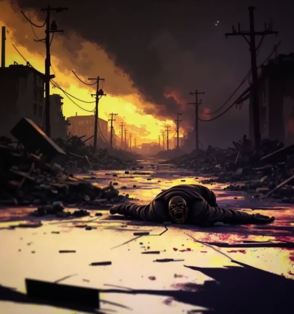 Cinematic still. Without warning, the rebar crashed against the skull of the other ager, a sickening thud that reverberated through the silent night. The victim crumpled to the ground, a life extinguished in an instant. Blood pooled beneath him, a macabre testament to the brutality that had unfolded --auto