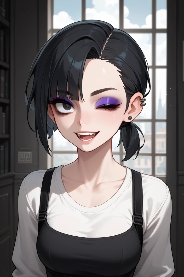 (solo) female , black short hair, woman, attractive, goth,  wearing beautiful fluffy black skirt, white blouse with puff strap , thicc, freckles, freckles on face, smug eyes, (happy expression), she is standing look to the viewer , violet background, simple background, thick thighs  (front view) 