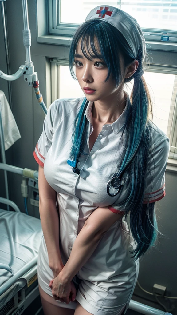 low_angle (low_angle_shot:2.0), full_body, The infirmary pristine medical equipment neatly arranged on counters, and a comforting atmosphere created by soft lighting and potted plants. Reserved (large_breasts:1.3) (nurse_girl:1.5), showcasing her in a white nurse outfit with a (red_cross:1.3) symbol, her long pink hair adorned with a small white bow partially covering her face, complete with a matching nurse's cap and holding a (syringe:1.5) with a mix of apprehension and compassion in her eyes (blushed_cheeks:1.3) hint at her (shy:1.2) nature. Mini (school_skirt:1.3) with a slight flare towards the hemline made of a crisp, pure white fabric, reflecting her role as a nurse. (bandaged_legs:1.5) is fully wrapped in a clean white bandage, tightly secured to provide support and protection A few loose ends of the bandage may be visible, adding to the realism of the image. (treating:1.5) wounds is a young (multiple_men:1.5) (students:1.5) with disheveled hair, wearing a school uniform, lying on a white (hospital_bed:1.5), with (gentle_care:1.5). Hyper realistic, best quality, masterpiece, ultra high res, (photorealistic:2.0), raw photo, sharp focus, HDR, detailed skin. <lora:infirmary_v0.1:0.8>
