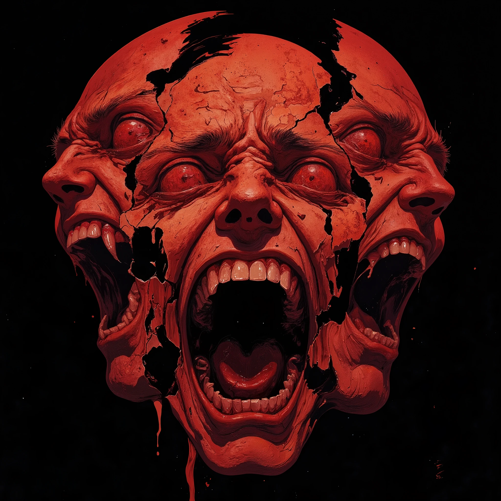 A mad-screaming face with two half fractured faces on each side. Red tones, madness.
(hyperdetailed), (Super detailed), UHD.