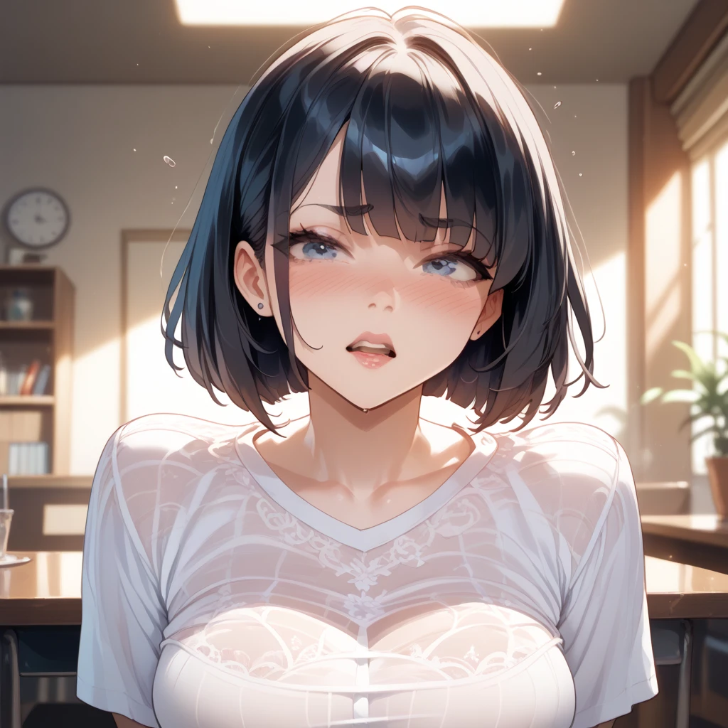 (masterpiece:1.6),(best quality1.6), (ultra high res1.2,perfect proportion,(dark hair:1), ( black hair:1),(beautiful Busty breasts:1.5), (beautiful woman:1.4),a woman,(medium hair:1.2),a mole around the mouth,(blush:1.2),(kissy face:1), ready to kiss,(sexual ecstasy face:1.4) ,(aroused:1.4),(embarrassed:1.4),(squinting:1.4), (sweaty:1.2),closed eyes,(beige V Neck Sweater:1.1),(school uniform:1.1), (upper body shot:1.3), shoot from front,close-up, (looking viewer:1.4)