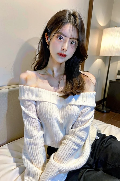 best qualtiy,tmasterpiece,超高分辨率,(真实感:1.4),RAW photogr,cold light,1girll,(Close-up of the upper body,closeup of face), Nice face,(Slim,Raised sexy),ssmile,cabelos preto e longos,hair adornments,(slender leg,Cross ed leg), (White sweatshirt,Pink pleated skirt),Beautiful age girl,Beautiful goddess,Detailed scenes, Picturesque, Beautiful teengirl,Beautiful goddess,Detailed scenes, Beautiful digital illustration, the detail,Hyper-detailed, Cinematic quality, (Beauty and aesthetics,big breasts beautiful)