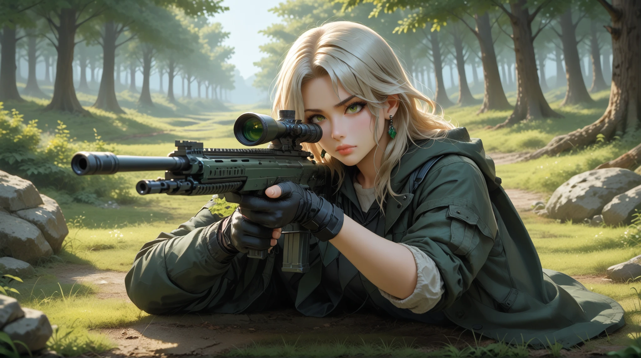 anime style, fantasy, (8k), (ultra quality)、(Super Detail)、(beautiful)、(masterpiece)、(Best Quality), (1 girl:1.2, solo), multiple enemies,
A hunter girl is hunting a beast、She is holding a rifle、holding rifle, battle stance, Sniper rifle,
she is Japanese、She is young、 she is petite , She's thin ,
she has a scar on her face、scar on face, knife wounds, whole body mole, mole on the face,
she has long lashes、she has thick, dark eyebrows, eyelashes, 
she wears earrings、she's wearing a feather pendant, she's carrying a tech pack、She is wearing hiking shoes、
 in the woods、moonlight、Blood droplets、 Return Blood、 clothes with blood 、bullet、cartridge、bullet、Sniper、pack of wolves