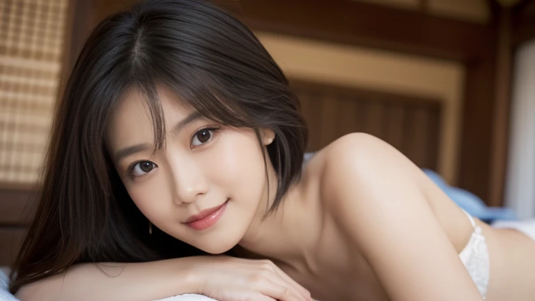 ((people in background)),((laid on the bed in a sophisticated room))(((beautiful woman))),((voluptuous woman)),(((sensual face)))), (((mexican latina ))), nude,((highest quality, 8k, masterpiece: 1.3))), crisp focus: 1.2, beautiful medium sized woman, voluptuous woman ((layer cut, big: 1.2)), wet body: 1.5, Very detailed face and skin texture, detailed eyes, double eyelids, light smirk, dark theme, hand on breast, hand on cunt, masturbation, sexy pose, smile, hands down, nude, nice cunt, vagina, short hair, round butt, surreal
