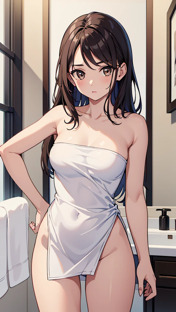 (Masterpiece), ((Best Quality)), (Super Detailed), (Perfect Body), (((1 girl)),(((14years old))),((baby face)),((petite)),skinny, Black hair, low twintails: 1.4, Dark eyes, half closed eyes,(((Elegant bedroom)), Naked bath towel, Small breast, Bare shoulders, collarbone, Thighs, evil grin:1.4,Blush,Perfect hands, Perfect hands, Hand details, Modified fingers. Earrings, looking_at_viewer, cowboy shots, rich detail, perfect image quality