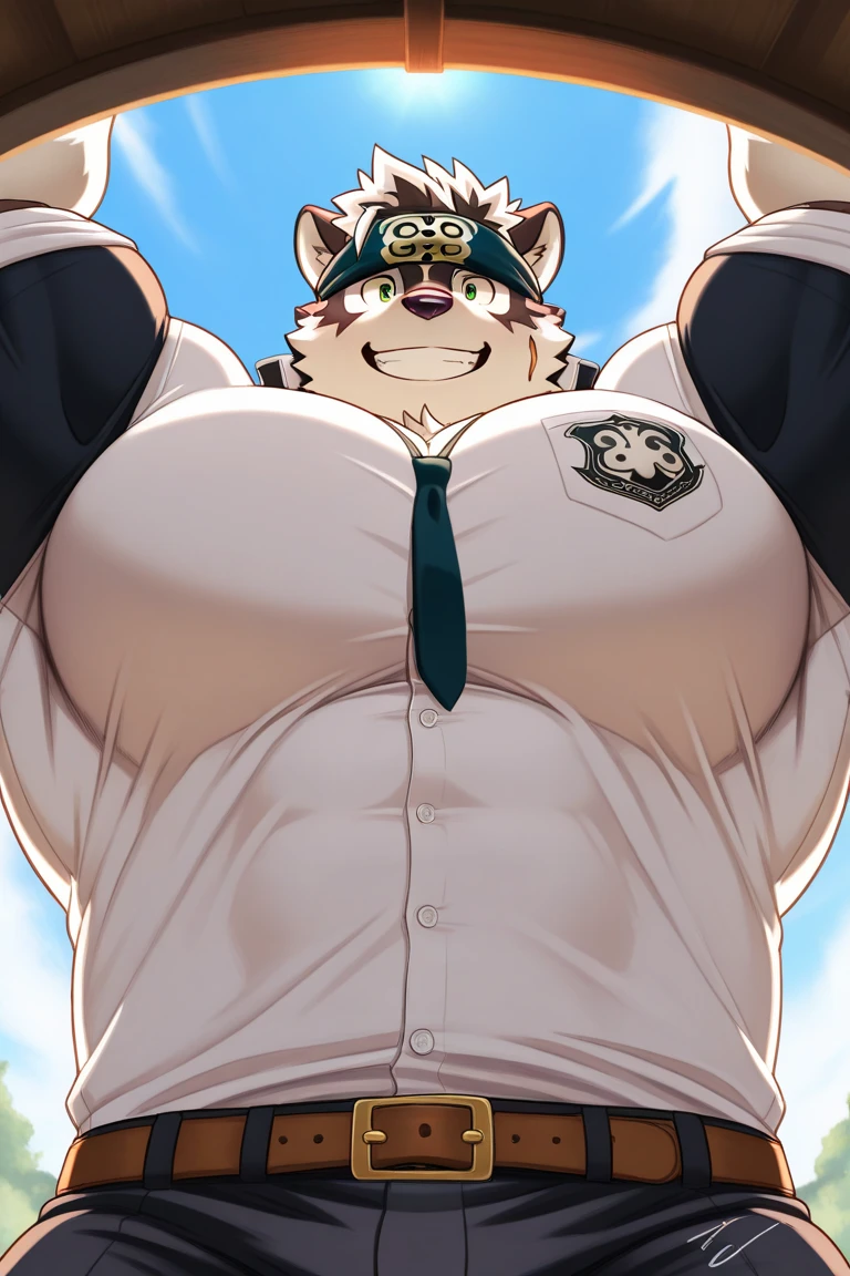 New Jersey 5 Furry,polar bear,Solitary,Wildlife,Chubby, Abdominal muscles,Thick Arms,Strong muscles,shorts,luxurious,Chubby cheeks,Black eyebrows,Sky blue eyes,beard,Smile,(Simple background),(Suit,tie),(Sweat),From zixiong, Takemoto Arashi