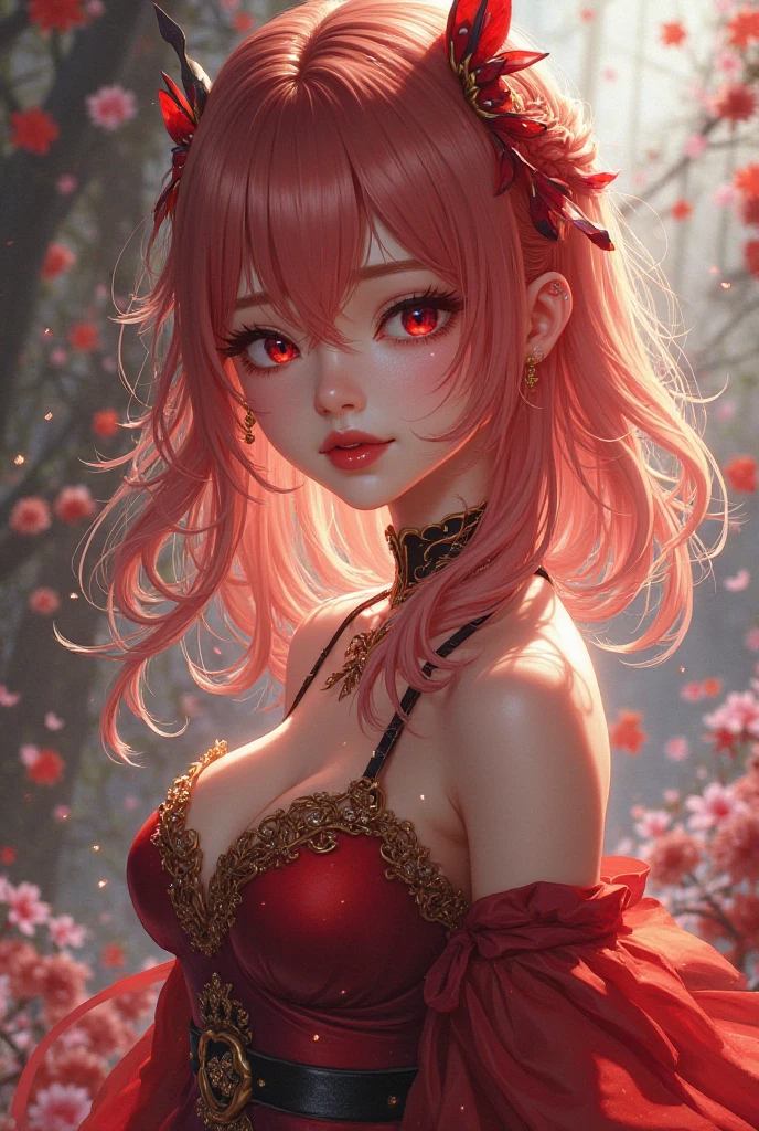 (Masterpiece),(Best quality:1.0), (ultra highres:1.0), detailed illustration, 8k, Anime, 1fille, beautiful anime girl, portant une robe rouge, Couronne de fleurs, joli visage, Detailed face, beaux yeux, detailled eyes, Dark red eyes, bright red lips, red lipstick, beautiful elegant hair, Faits saillants dans les cheveux, Style Anime Bangs, Best quality, Dynamique