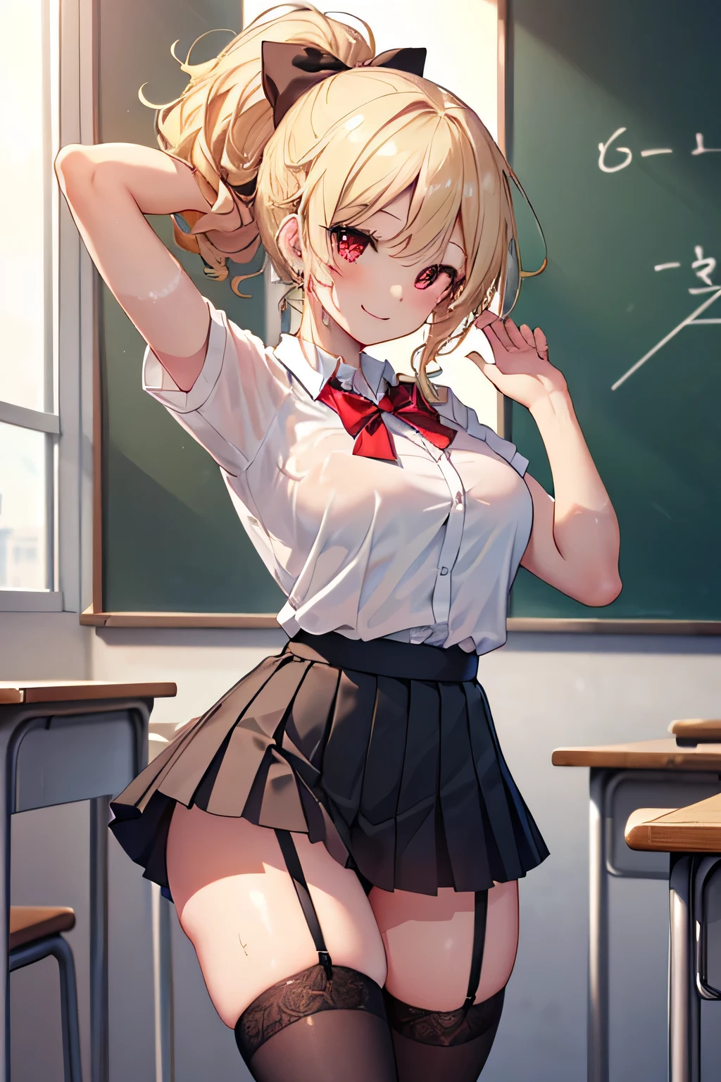 1girl, indoors, shirt, breasts, navel, tied shirt, solo, jewelry, skirt, bracelet, red eyes, blonde hair, short hair, smile, looking at viewer, red skirt, large breasts, plaid skirt, open mouth, wet, plaid, dark-skinned female, wet shirt, dark skin, necklace, wet clothes, bangs, white shirt, cleavage, collared shirt, gyaru, window, :d, blush, hair between eyes, desk, classroom, earrings, pleated skirt, hand on hip, standing, collarbone, stomach, chair, see-through, midriff, miniskirt, shiny skin, school desk, hand up, cowboy shot, , thighs, teeth, school chair, day, groin, contrapposto, shiny, ear piercing, piercing, ass visible through thighs, no bra, dress shirt, sleeves rolled up, bead bracelet, stud earrings, long sleeves, tan, front-tie top, upper teeth only, see-through shirt, crop top, bangle, nail polish, fingernails, hand in own hair, sunlight, kogal, star (symbol), covered nipples, tiles, backlighting, wing collar, pendant, sweat, medium hair, beads, short sleeves, curtains, multiple earrings, wristband, open shirt, tile floor, no panties, open clothes, hair intakes, table, long fingernails, unbuttoned, cross necklace, heart necklace, lower teeth only, partially unbuttoned, microskirt, feet out of frame, simple background, cross, crossed bangs, chalkboard, star earrings, lowleg, bob cut, eyelashes, signature, medium breasts, legs apart, sidelocks, mole, navel piercing, tree, artist name, shiny hair, unbuttoned shirt, white background, ceiling, school, wet hair, arm up, hair tucking, bare legs, pink nails, no humans, sitting, hoop earrings, heart, buttons, skindentation, round teeth, white nails, long hair, red nails, Uniform distribution, see-through silhouette, socks, evening, fang, shadow, mole on breast, water, hand to head, sleeves past elbows, tongue, holding, nipples, pearl bracelet, glint,
