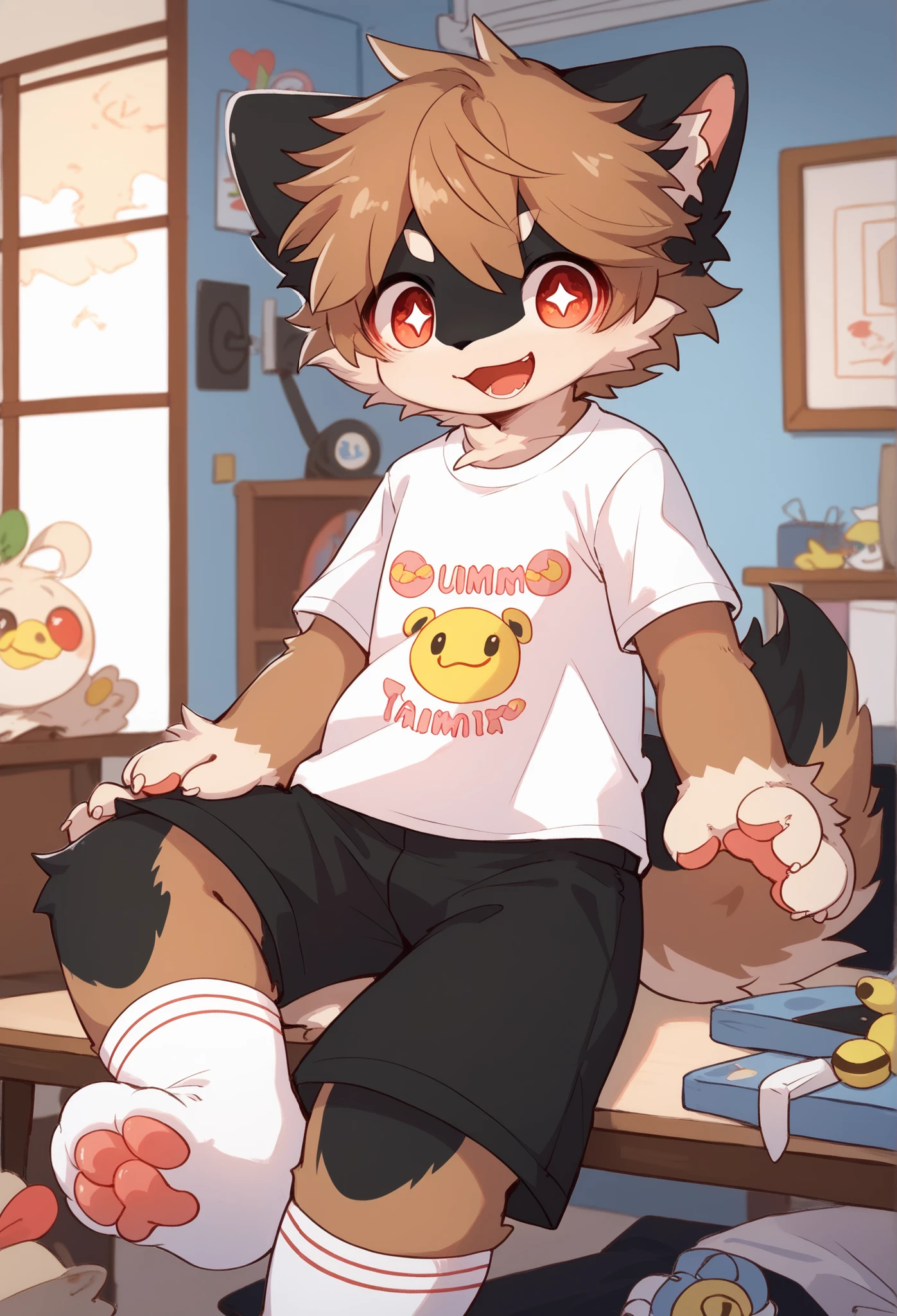  Very Detailedな, Very Detailed, brown hair gray hair ,brown hair,, male,骨 を見てExcited,Heart Eyes,participate,t-shirt ,  cute face,Sitting！,Black ears , like a fluffy fur ,Excited,Boy,漂亮Room , Room  ,Smiley Face,Droopy ears,Solo，black shorts, white socks， There is a light yellow stain on the bottom of the white socks 