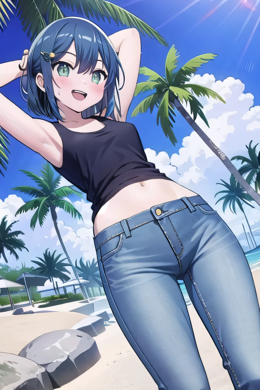 masterpiece, best quality, ultra detail, ((Perfect Face, perfect eyes, perfect hair, perfect arm)), 1girl, o, petite, ((round face, ecstasy, orgasm face, drooping eyes, shame smiling, blush)), dropping eyes, sleepy, Open mouth, ((White teeth)), background((under the beach, (day:1.2), palm tree, bright sky)), kurokawa_akane, (green eyes:1.2), (blue hair:1.2), crossed bangs, hair between eyes, hair ornament, (short hair:1.4), (straight hair:1.7), ((arms behind head, hands behind head, fingers behind head)), ((contrapposto)), spread armpits, looking at viewer, (white tank top:1.2), (white crop top:1.2), (jeans pants:1.2, flares jeans:1.2, skinny jeans:1.2, blue jeans:1.2), standing, (legs spread:1.4), sex pose, Sweaty crotch, Steam from the crotch, from below, whole body