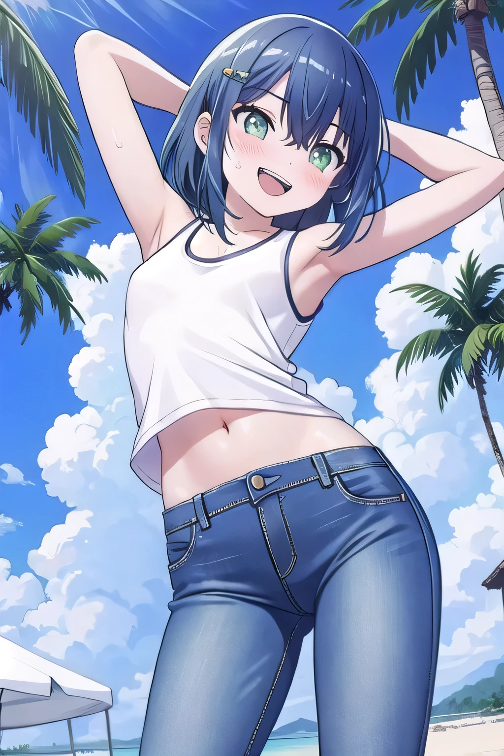 masterpiece, best quality, ultra detail, ((Perfect Face, perfect eyes, perfect hair, perfect arm)), 1girl, o, petite, ((round face, ecstasy, orgasm face, drooping eyes, shame smiling, blush)), dropping eyes, sleepy, Open mouth, ((White teeth)), background((under the beach, (day:1.2), palm tree, bright sky)), kurokawa_akane, (green eyes:1.2), (blue hair:1.2), crossed bangs, hair between eyes, hair ornament, (short hair:1.4), (straight hair:1.7), ((arms behind head, hands behind head, fingers behind head)), ((contrapposto)), spread armpits, looking at viewer, (white tank top:1.2), (white crop top:1.2), (jeans pants:1.2, flares jeans:1.2, skinny jeans:1.2, blue jeans:1.2), standing, (legs spread:1.4), sex pose, Sweaty crotch, Steam from the crotch, from below, whole body