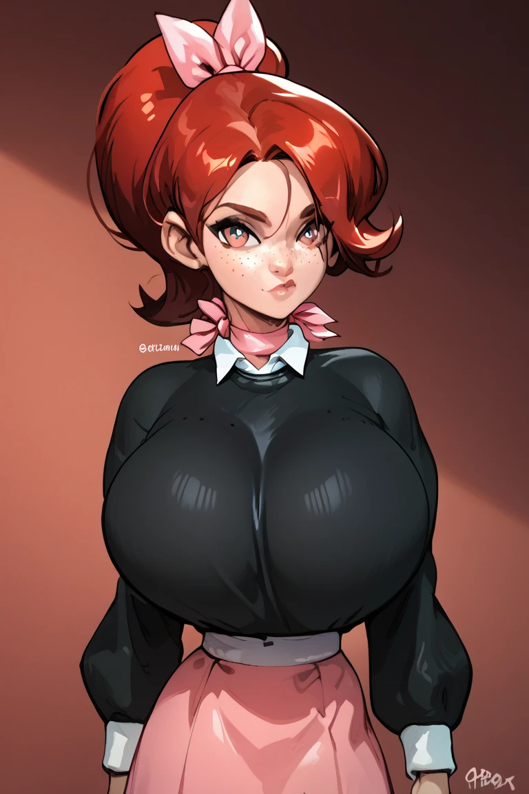 milf, 1girl, large breasts, gigantic breasts, huge breasts, heavy breasts, short hair, orange hair, light skinned female, orange eyes, large ass, Curvilinear waist, looking at the viewer, flushed face, full breasts, breasts larger than head, curvy female, curvilinear waist, mature female, mature face, sweaty, sweat drops, Tight leggings, small crop top, full lips, seductive, nipple outline, long protruding nipples, high deatiled face, covered nipples, front view, tits under shirt, underboob, vaccum sucking face, dick sucking face,