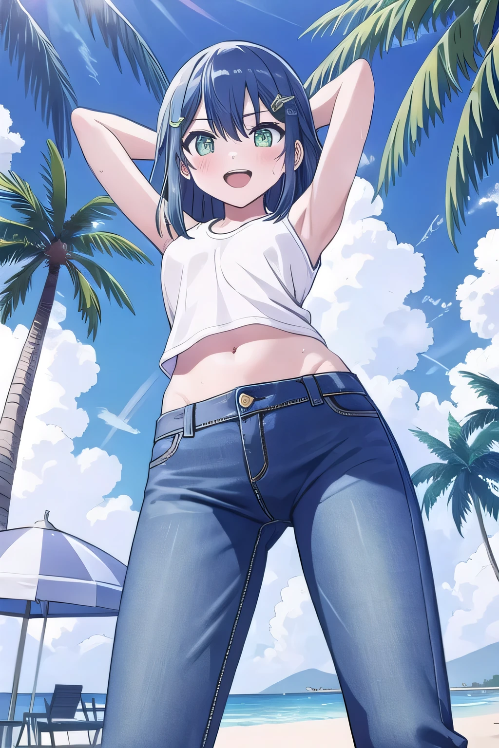 masterpiece, best quality, ultra detail, ((Perfect Face, perfect eyes, perfect hair, perfect arm)), 1girl, o, petite, ((round face, ecstasy, orgasm face, drooping eyes, shame smiling, blush)), dropping eyes, sleepy, Open mouth, ((White teeth)), background((under the beach, (day:1.2), palm tree, bright sky)), kurokawa_akane, (green eyes:1.2), (blue hair:1.2), crossed bangs, hair between eyes, hair ornament, (short hair:1.4), (straight hair:1.7), ((arms behind head, hands behind head, fingers behind head)), ((contrapposto)), spread armpits, looking at viewer, (white tank top:1.2), (white crop top:1.2), (jeans pants:1.2, flares jeans:1.2, skinny jeans:1.2, blue jeans:1.2), standing, (legs spread:1.4), sex pose, Sweaty crotch, Steam from the crotch, from below, whole body