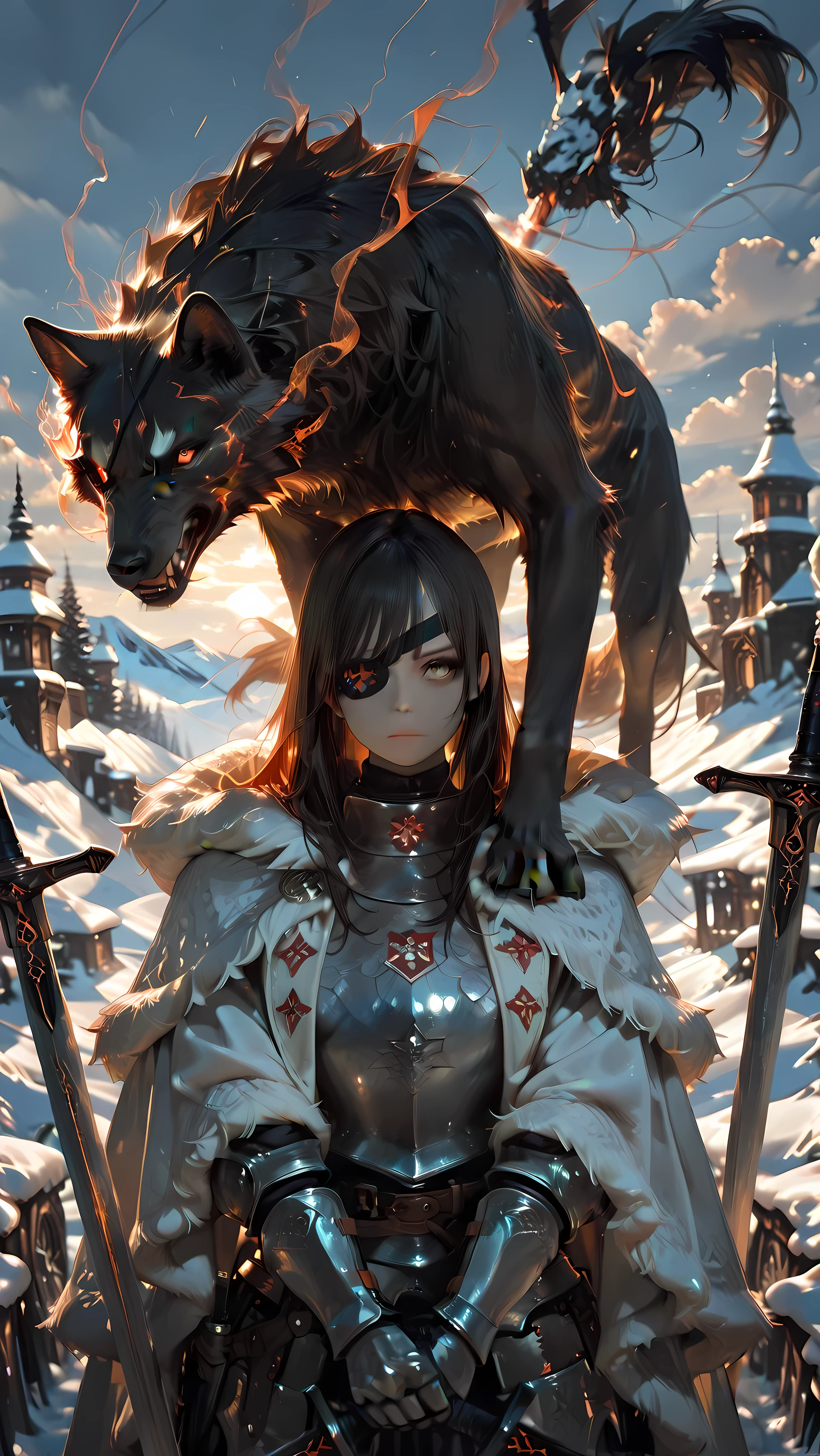 { 1 girl wearing ((heavy)) plate armor, at the top of snowy nordic mountain, animal fur cloak hanging on shoulders, long hair blown up in wind, wielding great two handed sword, staring at wolf, growling, eye patch, }, { }, { ((dramatic lighting)), (masterpiece:1), (best quality:1), (absurdres:0), (vibrant:0), (very aesthetic:0), (high contrast:0), (realistic:1.2), newest, score_9, score_8_up, score_7_up, }