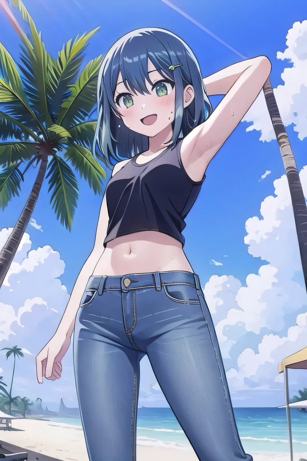 masterpiece, best quality, ultra detail, ((Perfect Face, perfect eyes, perfect hair, perfect arm)), 1girl, o, petite, ((round face, ecstasy, orgasm face, drooping eyes, shame smiling, blush)), dropping eyes, sleepy, Open mouth, ((White teeth)), background((under the beach, (day:1.2), palm tree, bright sky)), kurokawa_akane, (green eyes:1.2), (blue hair:1.2), crossed bangs, hair between eyes, hair ornament, (short hair:1.4), (straight hair:1.7), ((arms behind head, hands behind head, fingers behind head)), ((contrapposto)), spread armpits, looking at viewer, (white tank top:1.2), (white crop top:1.2), (jeans pants:1.2, flares jeans:1.2, skinny jeans:1.2, blue jeans:1.2), standing, (legs spread:1.4), sex pose, Sweaty crotch, Steam from the crotch, from below, whole body