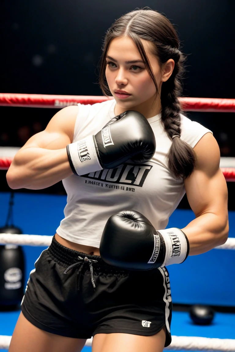 A 18 year old female boxer punching another 18 year old female boxer, topless, short messy hair, boxing shorts, boxing pose, curvy figure, voluptuous body, athletic, large breasts, boxing gloves, sweating, boxing ring, dramatic lighting, ultra-detailed, 8k, highres, masterpiece, photorealistic, cinematic lighting, chiaroscuro
