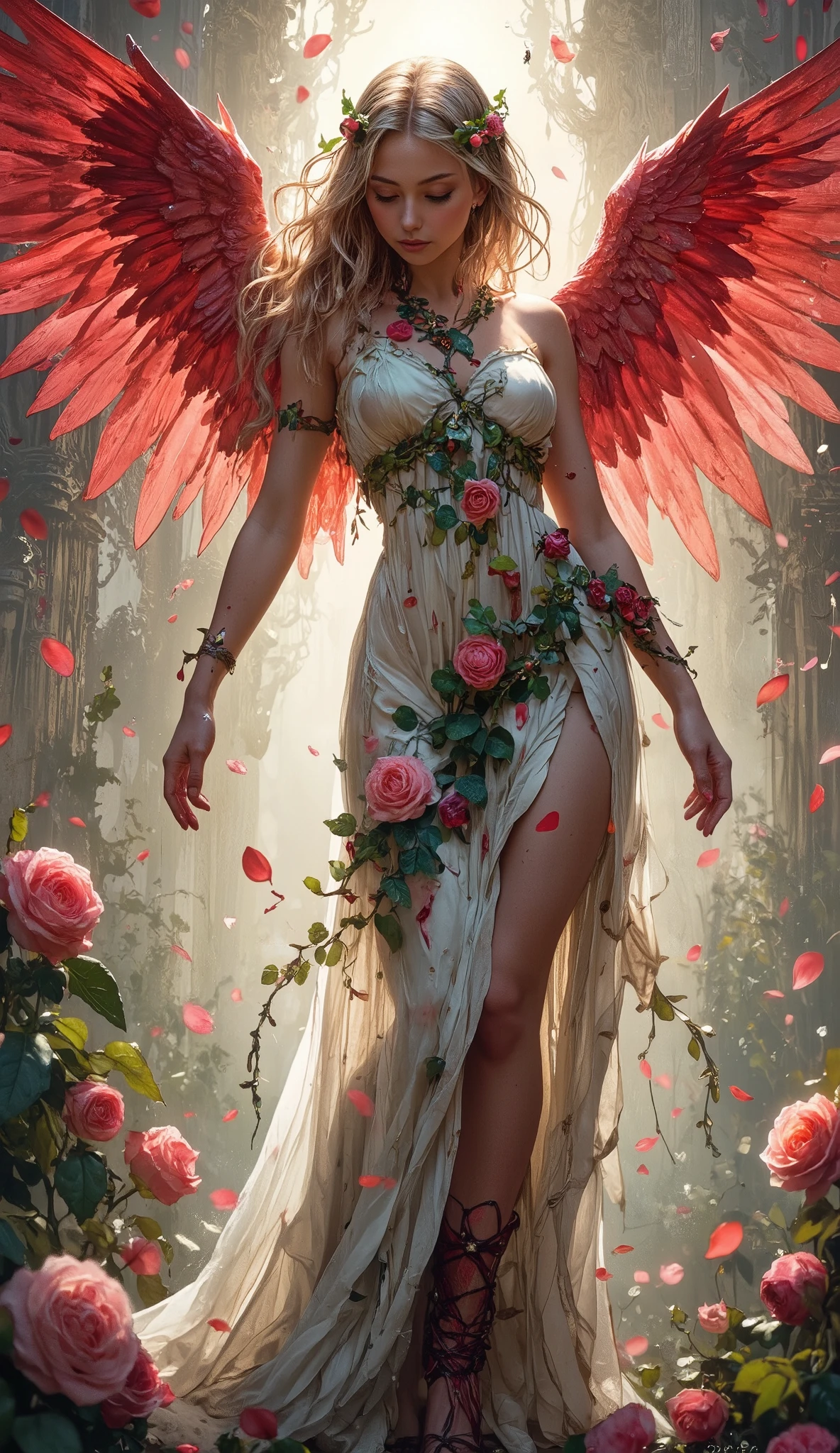 Rose flower angel、
((NSFW)),
soft focus、motion blur、
High Key、Backlit 、See-through wings、see-through dress、
rose petals are blooming in the foreground、
1girl,
An angel with big crimson wings descended to earth wrapped in white light、
rose ivy wrapped around an angel's leg、
ivy spines damage the angel's skin and crimson blood flows down all over、
what angels wear is a deep slit drape dress、