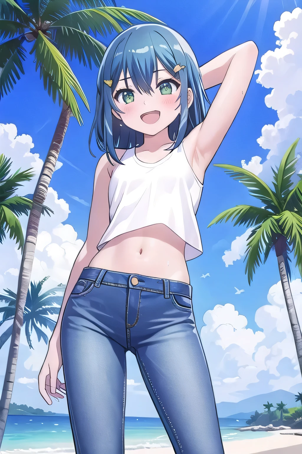 masterpiece, best quality, ultra detail, ((Perfect Face, perfect eyes, perfect hair, perfect arm)), 1girl, o, petite, ((round face, ecstasy, orgasm face, drooping eyes, shame smiling, blush)), dropping eyes, sleepy, Open mouth, ((White teeth)), background((under the beach, (day:1.2), palm tree, bright sky)), kurokawa_akane, (green eyes:1.2), (blue hair:1.2), crossed bangs, hair between eyes, hair ornament, (short hair:1.4), (straight hair:1.7), ((arms behind head, hands behind head, fingers behind head)), ((contrapposto)), spread armpits, looking at viewer, (white tank top:1.2), (white crop top:1.2), (jeans pants:1.2, flares jeans:1.2, skinny jeans:1.2, blue jeans:1.2), standing, (legs spread:1.4), sex pose, Sweaty crotch, Steam from the crotch, from below, whole body