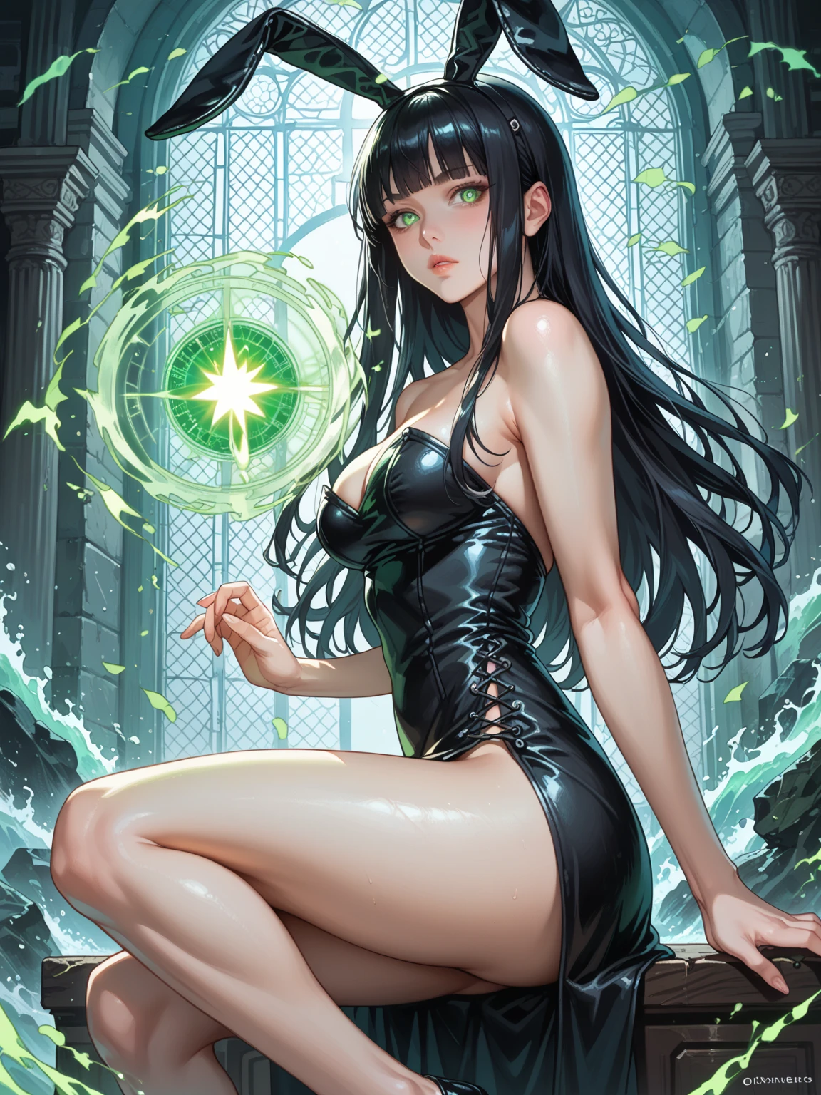 Stained glass style art of a full-length portrait of a beautiful girl with black hair bob cut wearing a costume with a deep slit、colourfull、Photorealsitic、highcontrast