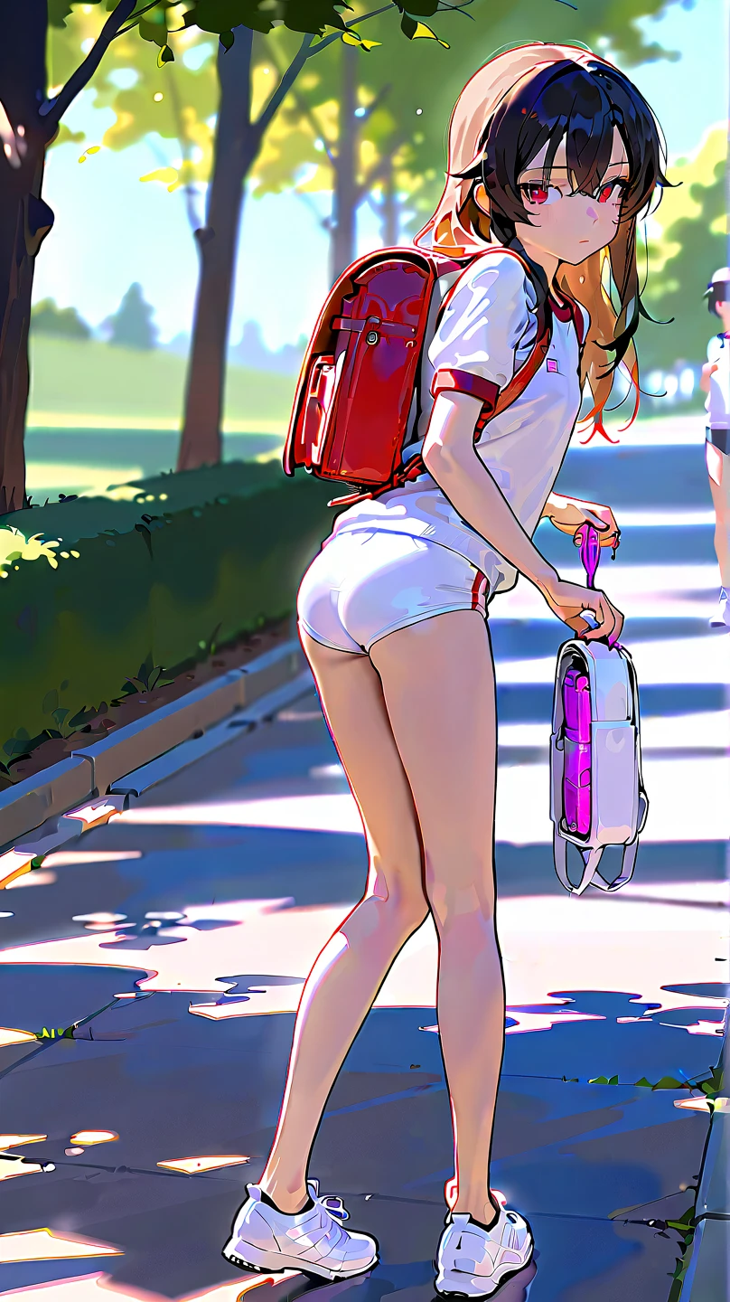 1girl, huge and heavy breasts, wide hips, backpack, female focus, mushroom, solo, grass, sneakers, eye-level, a cartoon-like illustration of a girl skateboarding on a blue skateboard with orange wheels. The girl is wearing a purple overboob crop-top, thongs, black socks, and a backpack on his back. She has tattoos on her arms and chest. The background is a vibrant blue sky with white bubbles floating in the air. To the left and right of the girl are two large mushrooms that are orange in color. The mushrooms are floating in a field of wildflowers, adding a pop of color to the scene.