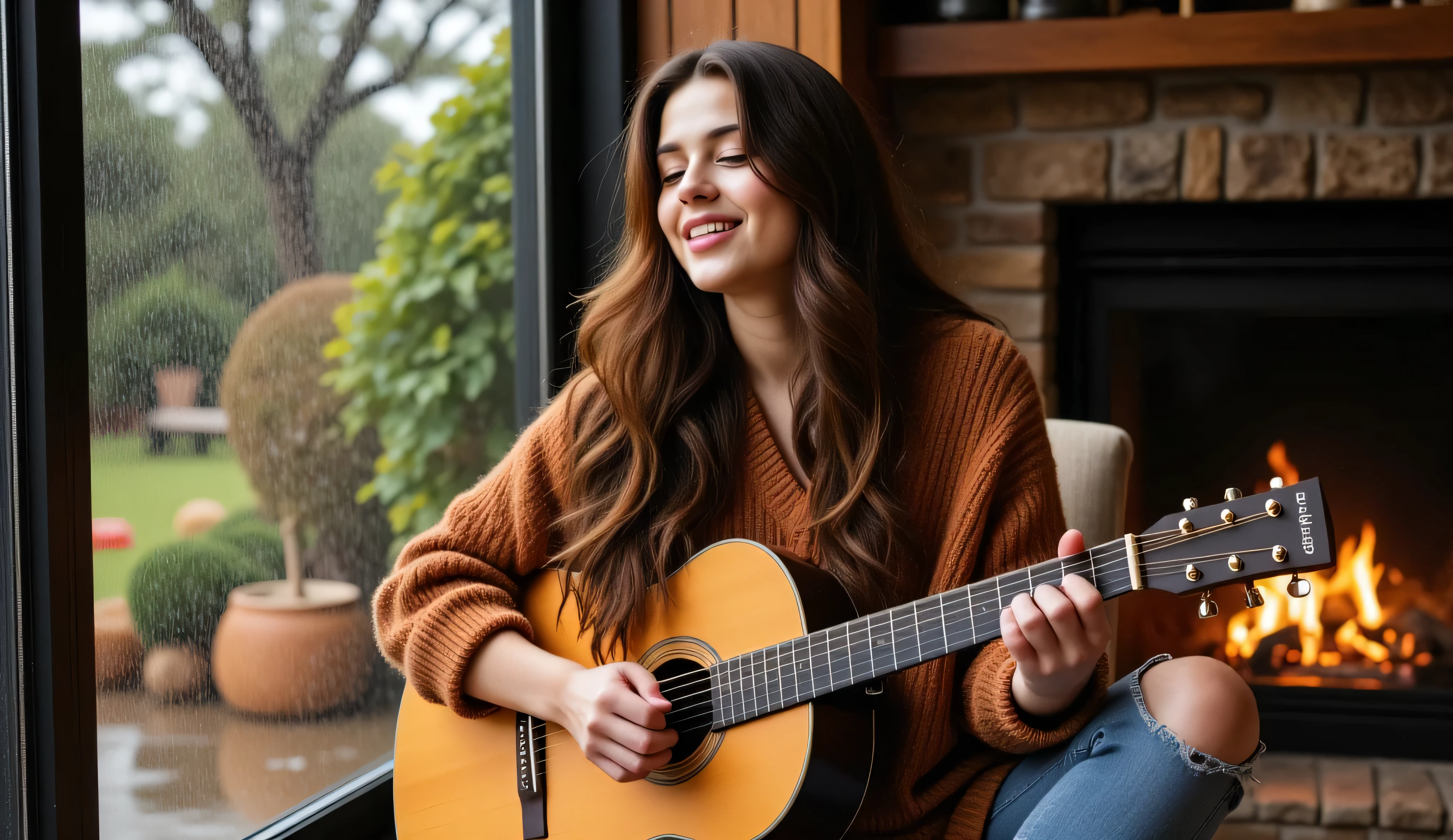 A young woman with long, wavy brown hair sits comfortably in a warm, inviting room, playing an acoustic guitar while singing with deep emotion. She wears a cozy, oversized knit sweater in an earthy tone, embodying a relaxed yet artistic style. Her eyes are slightly closed, and her expression is filled with passion as she immerses herself in the music. The soft glow of a fireplace flickers in the background, casting a golden hue across the room. A large glass wall behind her reveals a lush, serene garden outside, where rain gently falls, creating soft ripples in puddles and streaks on the glass. The contrast between the cozy warmth inside and the cool, rainy outdoors enhances the intimate and peaceful atmosphere, making the scene feel nostalgic and cinematic.