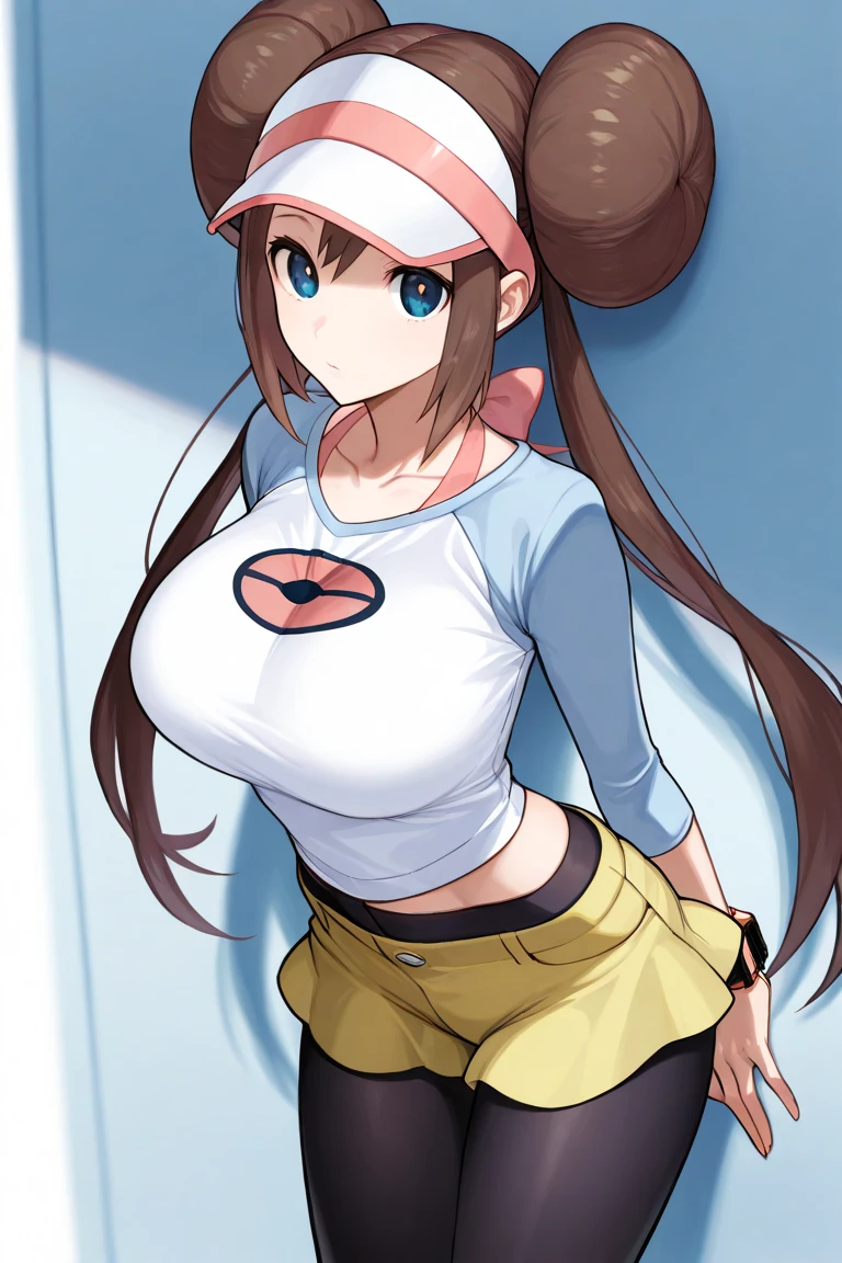 (Highest quality,128k, masterpiece:1.55, photorealistic, hyperrealistic), Ultra detailed face, Detailed lips, Detailed eyes, double eyelid,
BREAK (close up:1.25), cinematic angle, (half undress, showing panties:1.5), pigeon toed, leaning forward,
BREAK 1girl, solo, (full breasts, pointy breasts, sagging breasts:1.5),
BREAK rosa, brown hair, double bun, doughnut hair bun, hair bun, blue eyes, hair between eyes, twintails,
BREAK (nipples through:1),
BREAK pantyhose, pantyhose under shorts, raglan sleeves, skirt, yellow skirt, white shirt, blue sleeves, long sleeves, visor cap, panties under black pantyhose,
BREAK outdoors, city, sky,