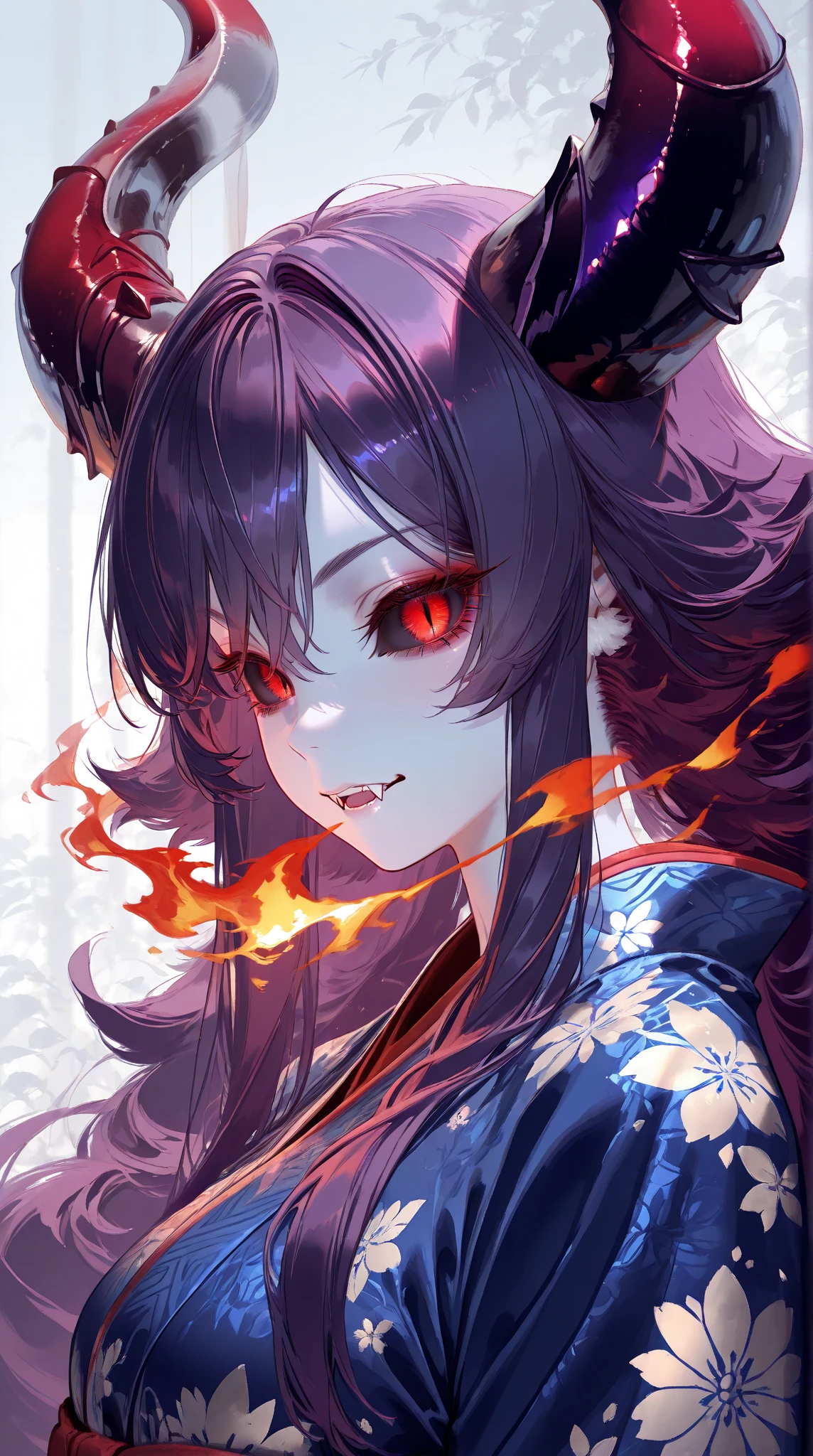 Make a beautiful young woman, pale skin, attractive, youthful appearance, draconian features (scales) on her skin, red green hair, purple details in her hair, oriental clothes (kimonos), monk clothes, red clothes.
On her waist is a Katana.