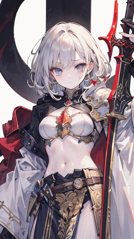 (Masterpiece, Best Quality:1.2), face covered by cloth maskCowboy shot, solo, a 1girl, morgan le fay, slight smile, closed mouth, looking at viewer, crossed arms, long grey hair, braid, pony tail, Hair Bow, crown, veil, morgandef, two-tone dress, black dress, clothing cutout, stomach cutout, cleavage