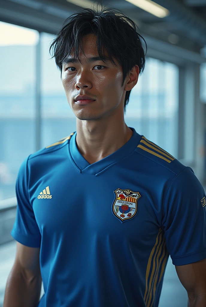 Dark blue and orange football shirt
