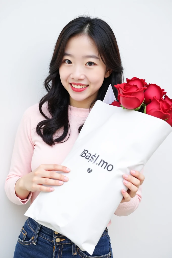 (( Best Quality )), ( masterpiece)), ( details), girl,( from below)、 Best Quality 、 8k、 winning work 、 ultra high resolution )、 ( beautiful Japanese woman holding bright red roses)、 (pink sweater :1.3) name tag、( curly black hair :1.1)、 Soft, Thin, Beautiful Lips 、Vivid Color 、  bright and shiny lipstick 、(  very heavy makeup  :1.2)、 (Deep pink around the eyes:1.1)、 Beautiful Bright Eye Shadow 、 Put heavy makeup on your eyes 、Long eyelash extensions  、 (Big Breasts:1.2)、 (Romantic affection:1.1)、  he has the best smile when you look over here 、 accurate  、 ultra HD hair、 ( ultra high resolution の完璧な美しい唇:1.1)、 Ultra HD beautiful face 、 (Anatomically Correct Fingers:1.2) ultra HD hair、Ultra HD Shining Eyes、輝く ultra high resolution の美肌、 ultra high resolution の艶やかな唇