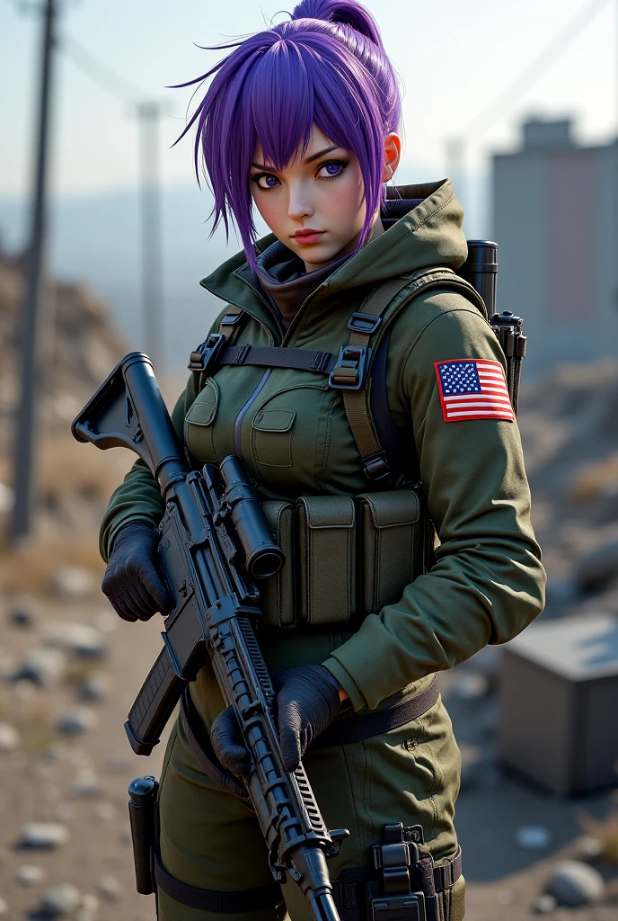 Highly detailed, best quality, masterpiece, official art, highres, absurdres, official art, detailed, cinematic, (mature female), violet ponytail, mature female, detailed face, detailed eyes, medium breasts, big hips, big thighs, military uniform, holding a single rifle,holding a single sniper rifle,detailed lips, detailed orbital view of ecumenopolis in background