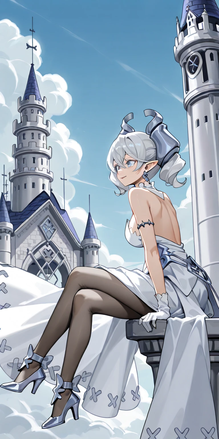 Beautiful arts wallpaper Sunset Outside castle top High level image quality best image quality 8K adult woman silver castle outside more colors whole body view portrait horn ears short hair((shortcut)(gray hair)(perm)(fluffy)) eye color is blue , , attractive evil face , smile , heroic stance , labrynth , barearm ,gloves , wearing pink , standing ,