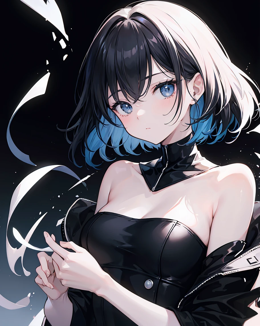 (best quality,very detailed,high resolution:1.2) Delicate Face Portrayal , woman with a perfect face , Psycho laugh , Black bob , light blue eyes , Poor posture , Blue tube top , long jeans , black choker , dark background , Scary atmosphere , one woman