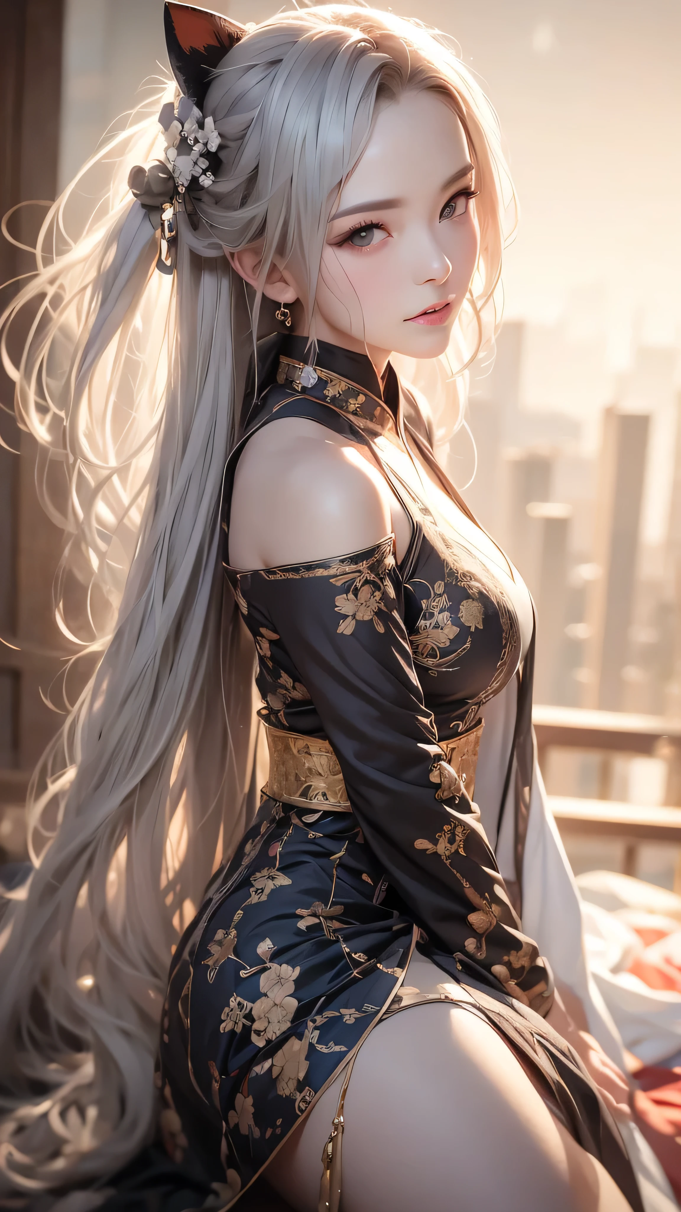 ((above the knee image:1.3))highlight very high quality, masterpiece, perfect illustration, very well detailed (Refined Light and Shadow, Very Dramatic Picture,backlight) , ((Gray Hair:1.5))one girl on her back,(( alone:1.6)), (Hanfu, Black Hanfu,Monotony,long sleeve、 gorgeous costume 、Highly decorated Hanfu) flower畑, flower, (white smoke:1.3) (realistic:1.4), Zen Intertwining, [ " tangled , Official Art, unity 8k 壁紙, very well detailed, beautiful and beautiful, masterpiece, Best Quality, (dynamic angle: 1.4), Glowing Skin, (Fluttering Colorful Glitter: 1) most beautiful chaotic shape, elegant, Brutalist Design, bright color, Romantic Depth of Field Exotic_ dance, half_naked、 mechanical fox ears showing shoulders 、plump breasts、big cleavage、Dynamic Pose、backlight,((from behind))